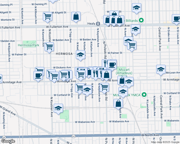 map of restaurants, bars, coffee shops, grocery stores, and more near 4058 West Dickens Avenue in Chicago