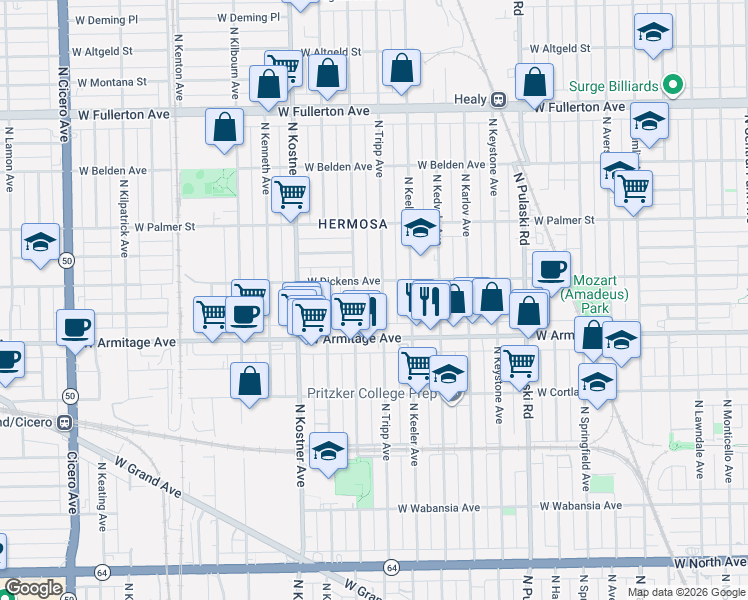 map of restaurants, bars, coffee shops, grocery stores, and more near 2107 North Kildare Avenue in Chicago