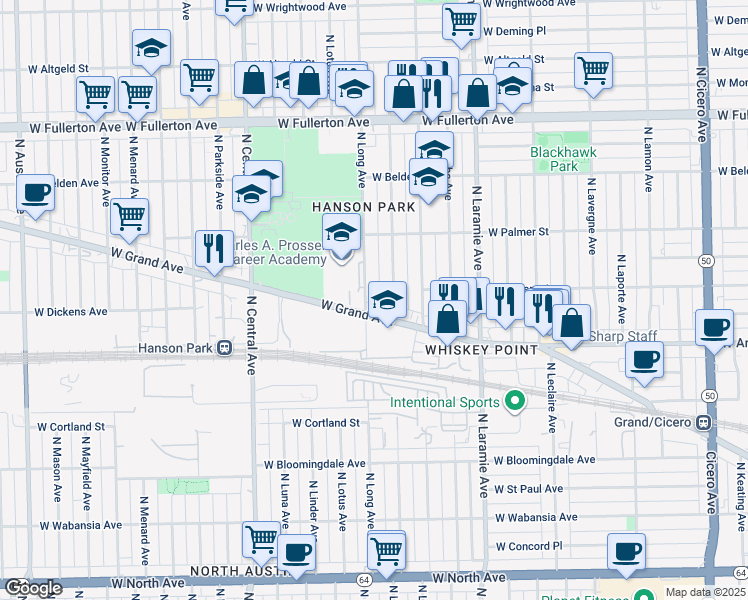 map of restaurants, bars, coffee shops, grocery stores, and more near 2111 North Long Avenue in Chicago