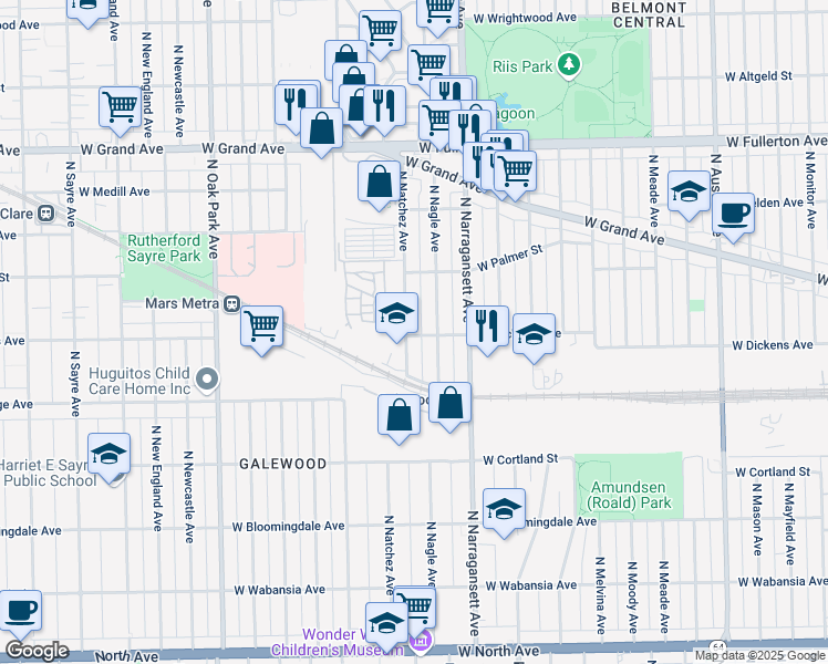 map of restaurants, bars, coffee shops, grocery stores, and more near 2125 North Natchez Avenue in Chicago