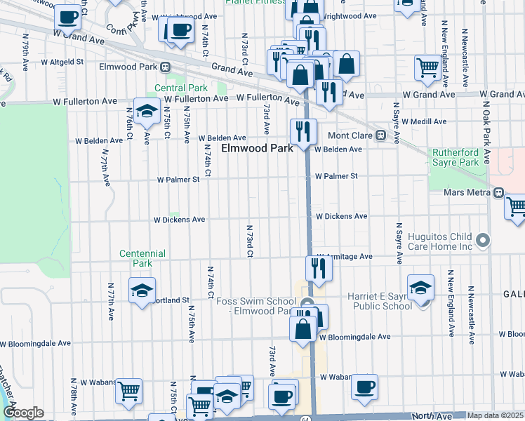 map of restaurants, bars, coffee shops, grocery stores, and more near 2127 73rd Avenue in Elmwood Park