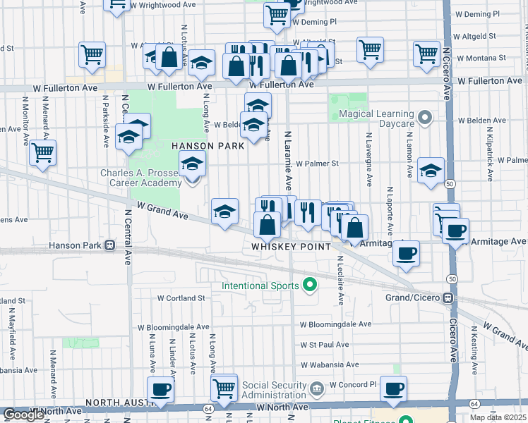 map of restaurants, bars, coffee shops, grocery stores, and more near 2110 North Latrobe Avenue in Chicago
