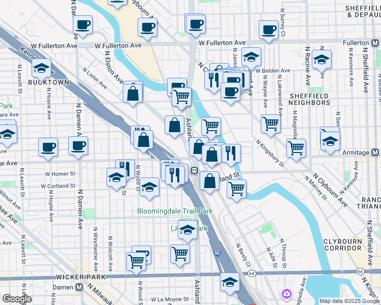 map of restaurants, bars, coffee shops, grocery stores, and more near 2044 North Elston Avenue in Chicago