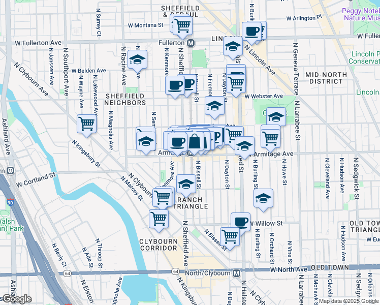 map of restaurants, bars, coffee shops, grocery stores, and more near 2028 North Bissell Street in Chicago