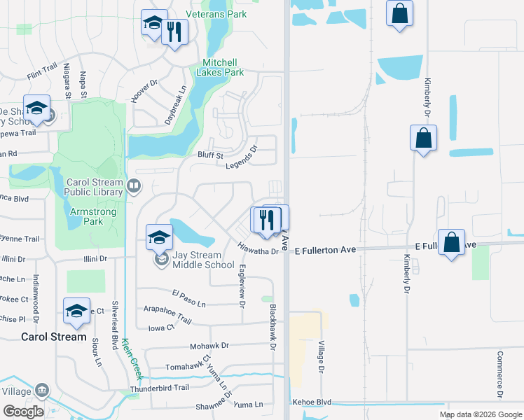 map of restaurants, bars, coffee shops, grocery stores, and more near 136 Greenway Trail in Carol Stream