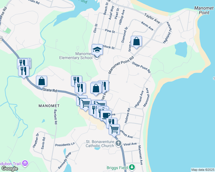 map of restaurants, bars, coffee shops, grocery stores, and more near 54 Manomet Point Road in Plymouth
