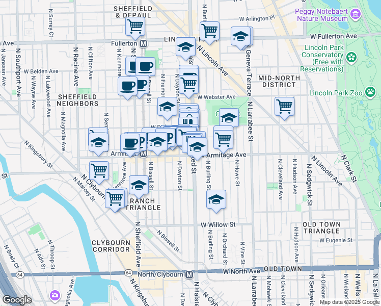 map of restaurants, bars, coffee shops, grocery stores, and more near 2023 North Dayton Street in Chicago