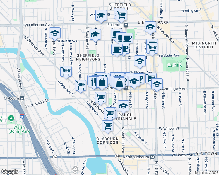 map of restaurants, bars, coffee shops, grocery stores, and more near 2033 North Seminary Avenue in Chicago