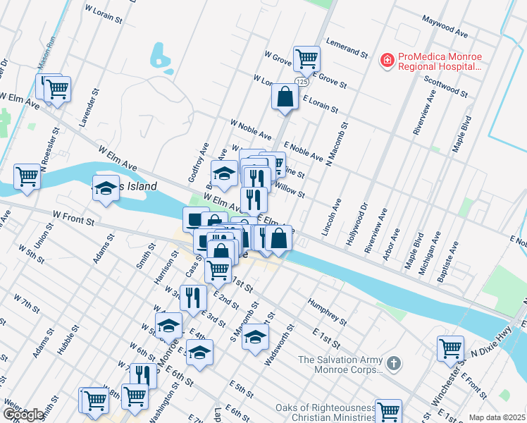 map of restaurants, bars, coffee shops, grocery stores, and more near 128 North Monroe Street in Monroe