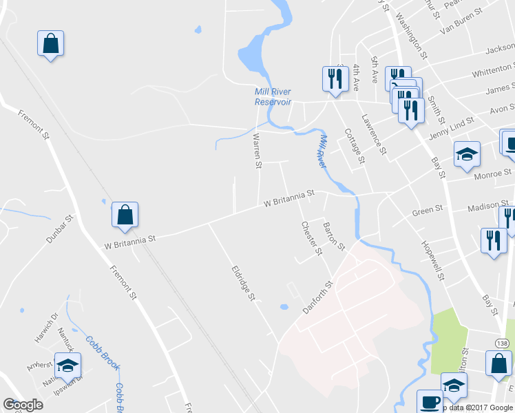 map of restaurants, bars, coffee shops, grocery stores, and more near W Britannia St in Taunton