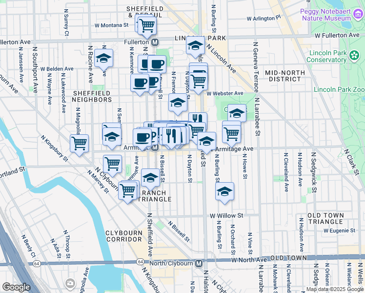 map of restaurants, bars, coffee shops, grocery stores, and more near 846 West Armitage Avenue in Chicago