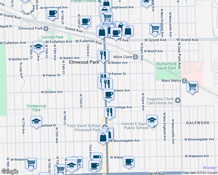 map of restaurants, bars, coffee shops, grocery stores, and more near 2139 Harlem Avenue in Chicago