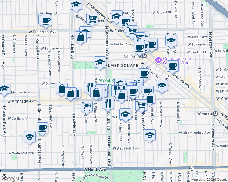 map of restaurants, bars, coffee shops, grocery stores, and more near 2053 North Humboldt Boulevard in Chicago