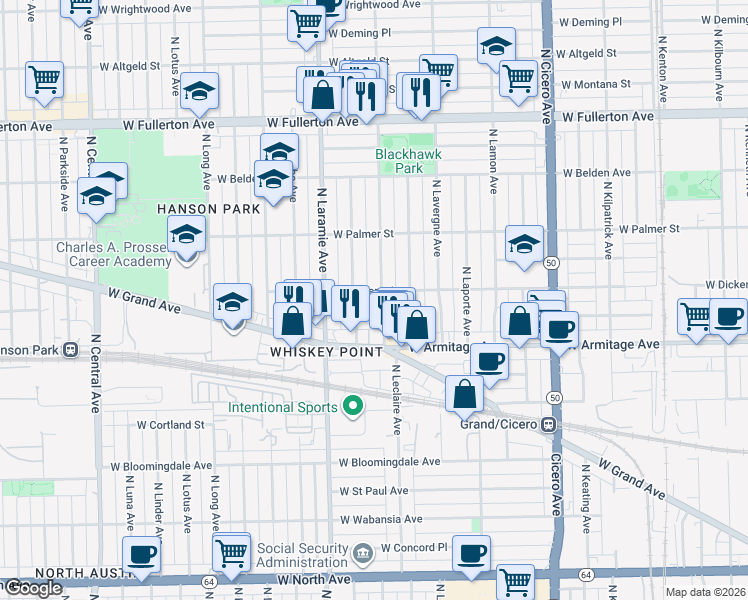 map of restaurants, bars, coffee shops, grocery stores, and more near 2109 North Leamington Avenue in Chicago