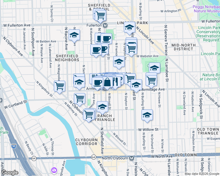 map of restaurants, bars, coffee shops, grocery stores, and more near 924 West Armitage Avenue in Chicago