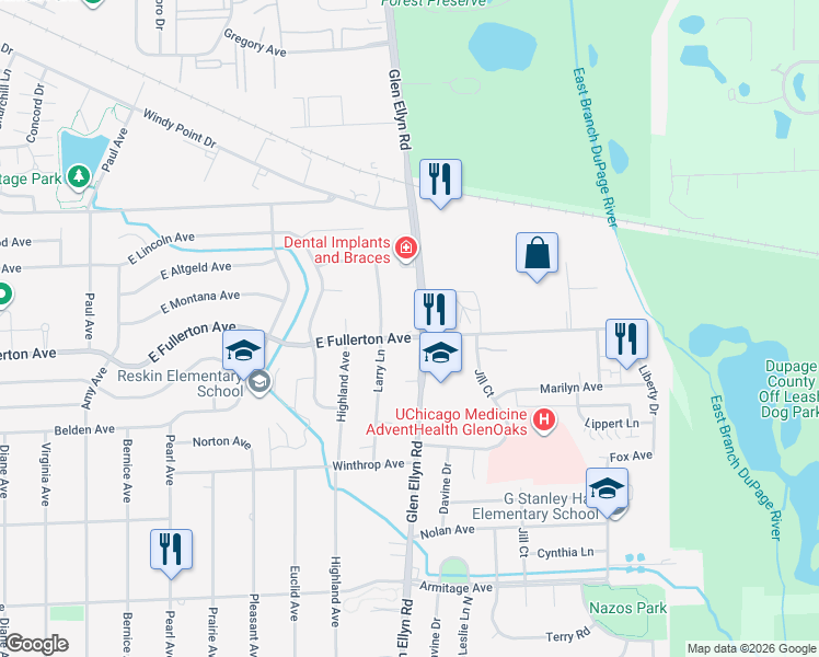 map of restaurants, bars, coffee shops, grocery stores, and more near 1622 Glen Ellyn Road in Glendale Heights