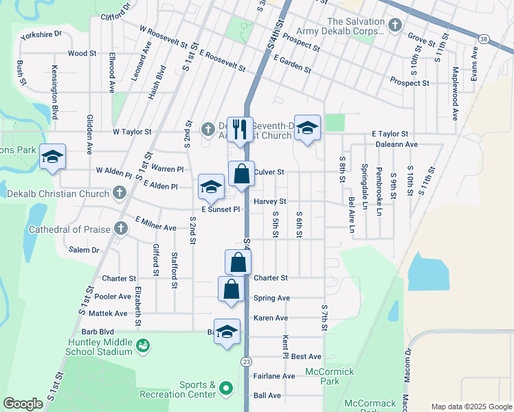 map of restaurants, bars, coffee shops, grocery stores, and more near 933 South 4th Street in DeKalb