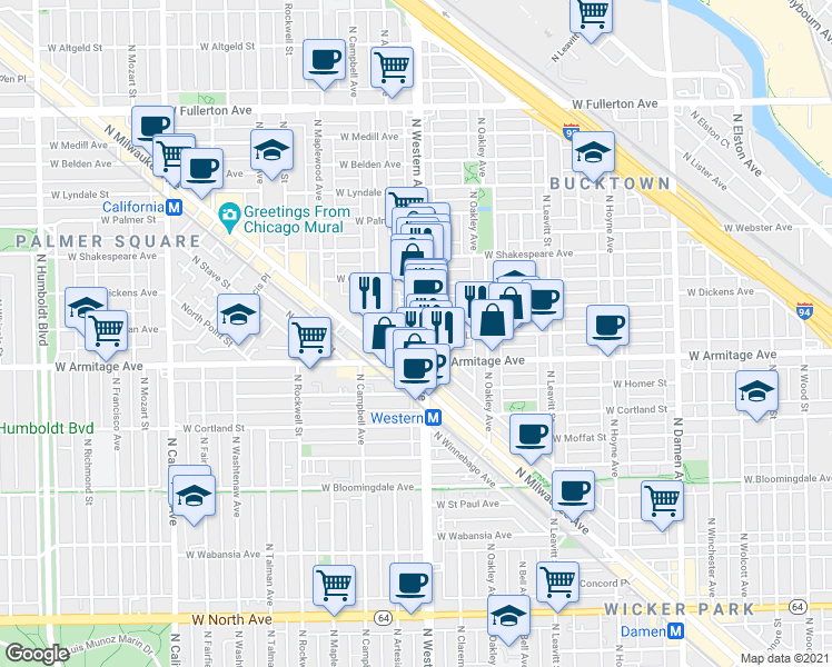 map of restaurants, bars, coffee shops, grocery stores, and more near 2067 North Western Avenue in Chicago