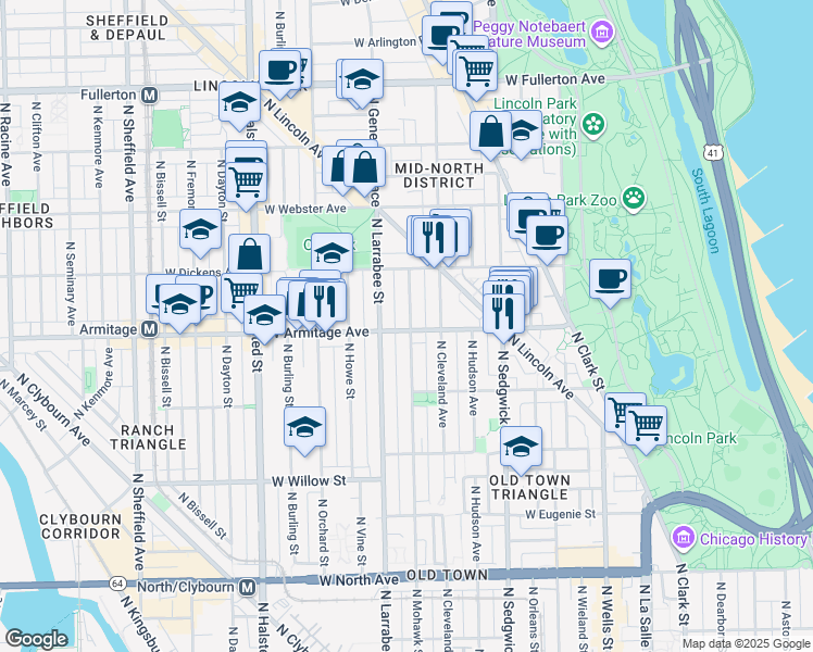 map of restaurants, bars, coffee shops, grocery stores, and more near 2021 North Mohawk Street in Chicago