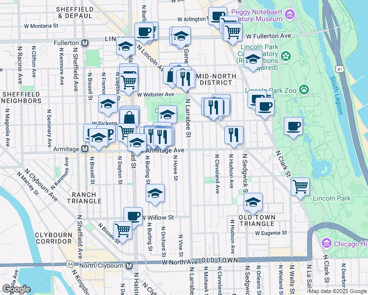map of restaurants, bars, coffee shops, grocery stores, and more near 2037 North Larrabee Street in Chicago