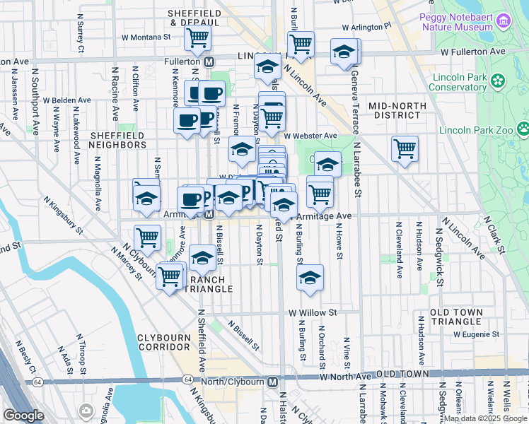 map of restaurants, bars, coffee shops, grocery stores, and more near 2023 North Dayton Street in Chicago