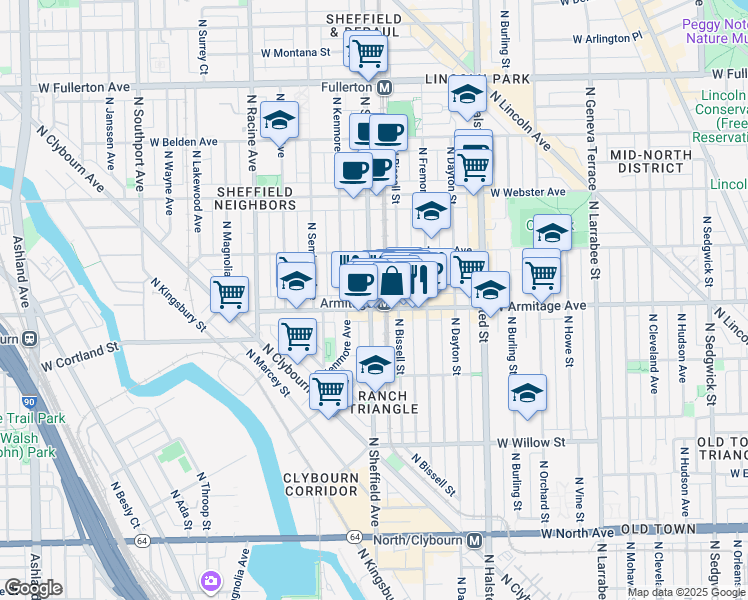 map of restaurants, bars, coffee shops, grocery stores, and more near 2028 North Bissell Street in Chicago