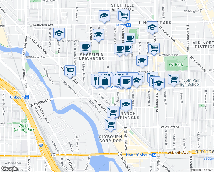 map of restaurants, bars, coffee shops, grocery stores, and more near 2033 North Seminary Avenue in Chicago