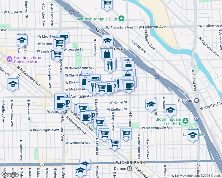 map of restaurants, bars, coffee shops, grocery stores, and more near 2119 West Dickens Avenue in Chicago