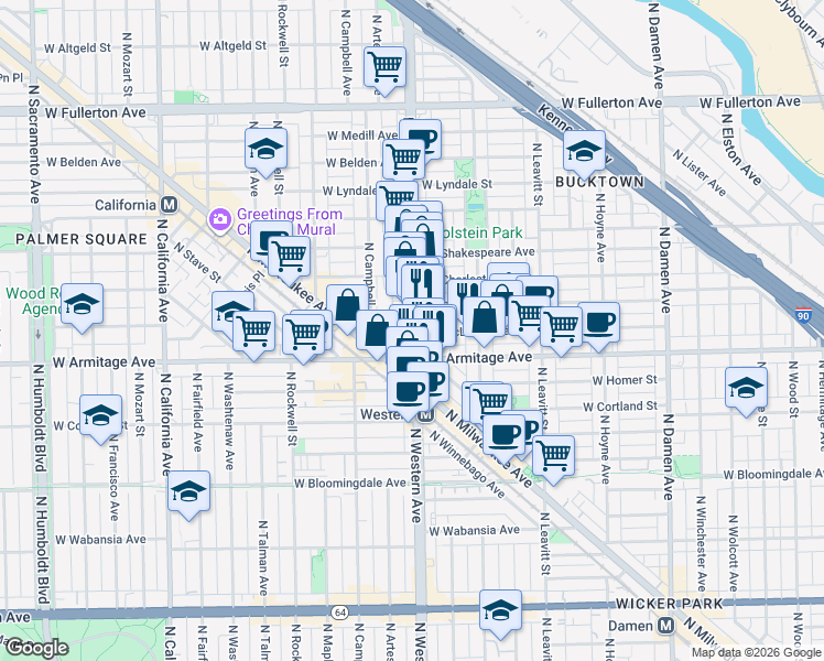 map of restaurants, bars, coffee shops, grocery stores, and more near 2067 North Western Avenue in Chicago