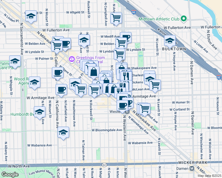 map of restaurants, bars, coffee shops, grocery stores, and more near 2047 North Milwaukee Avenue in Chicago