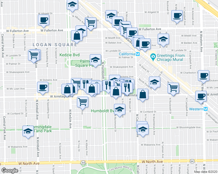 map of restaurants, bars, coffee shops, grocery stores, and more near 2053 North Humboldt Boulevard in Chicago