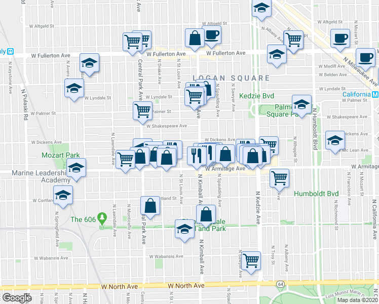 map of restaurants, bars, coffee shops, grocery stores, and more near 3426 West Mc Lean Avenue in Chicago