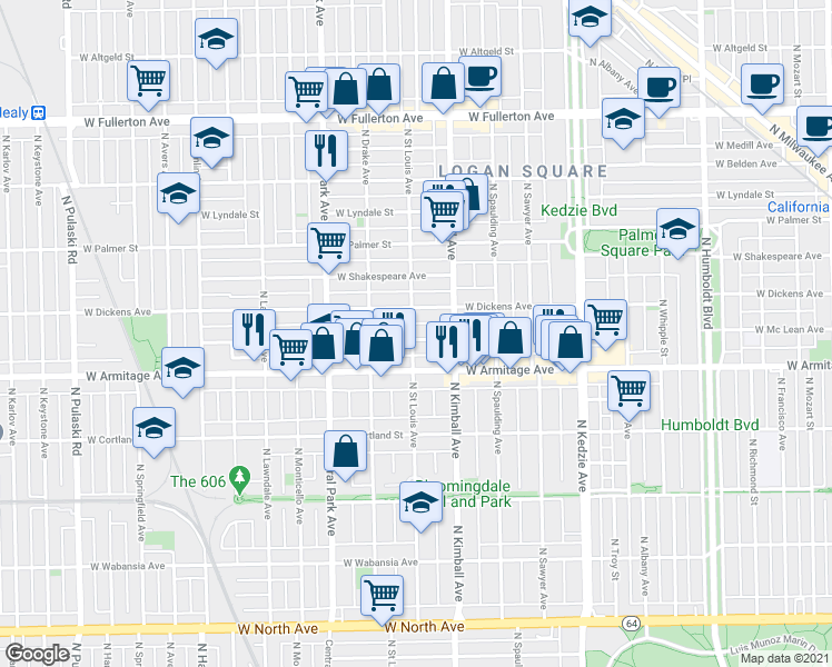 map of restaurants, bars, coffee shops, grocery stores, and more near 3509 West Dickens Avenue in Chicago