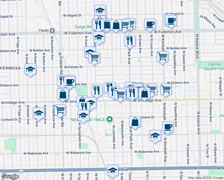 map of restaurants, bars, coffee shops, grocery stores, and more near 3713 West Dickens Avenue in Chicago