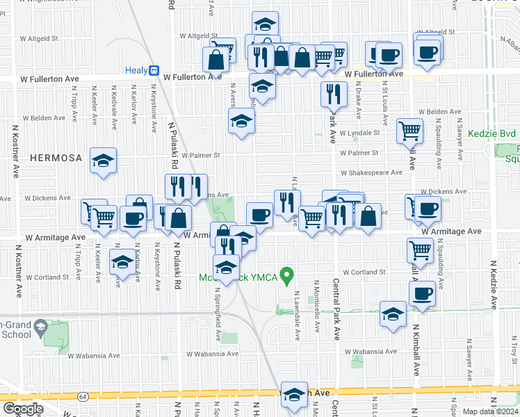 map of restaurants, bars, coffee shops, grocery stores, and more near 2057 North Hamlin Avenue in Chicago