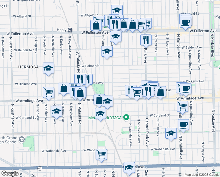 map of restaurants, bars, coffee shops, grocery stores, and more near 2057 North Hamlin Avenue in Chicago