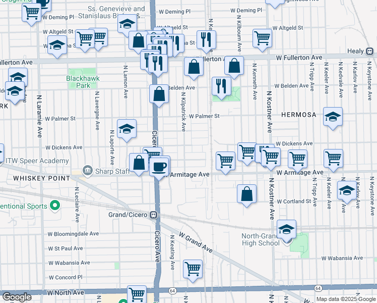 map of restaurants, bars, coffee shops, grocery stores, and more near 2102 North Kilpatrick Avenue in Chicago