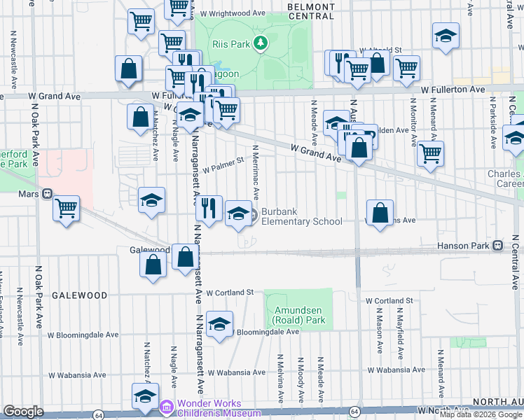 map of restaurants, bars, coffee shops, grocery stores, and more near 2123 North Merrimac Avenue in Chicago