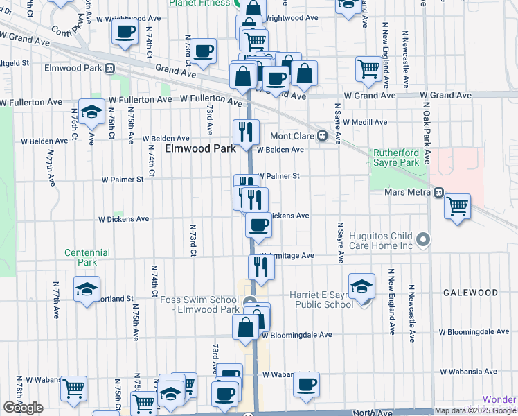 map of restaurants, bars, coffee shops, grocery stores, and more near 2139 Harlem Avenue in Chicago