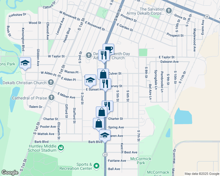 map of restaurants, bars, coffee shops, grocery stores, and more near 933 South 4th Street in DeKalb