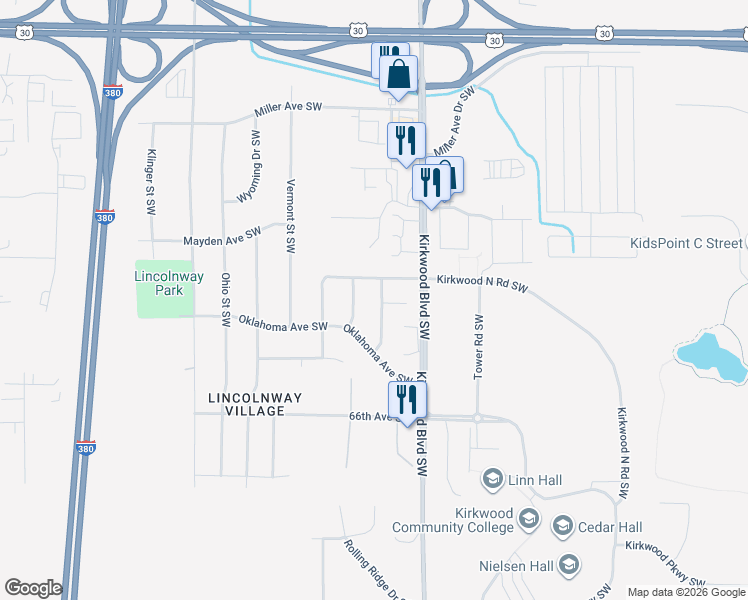 map of restaurants, bars, coffee shops, grocery stores, and more near 63 Devonwood Avenue Southwest in Cedar Rapids
