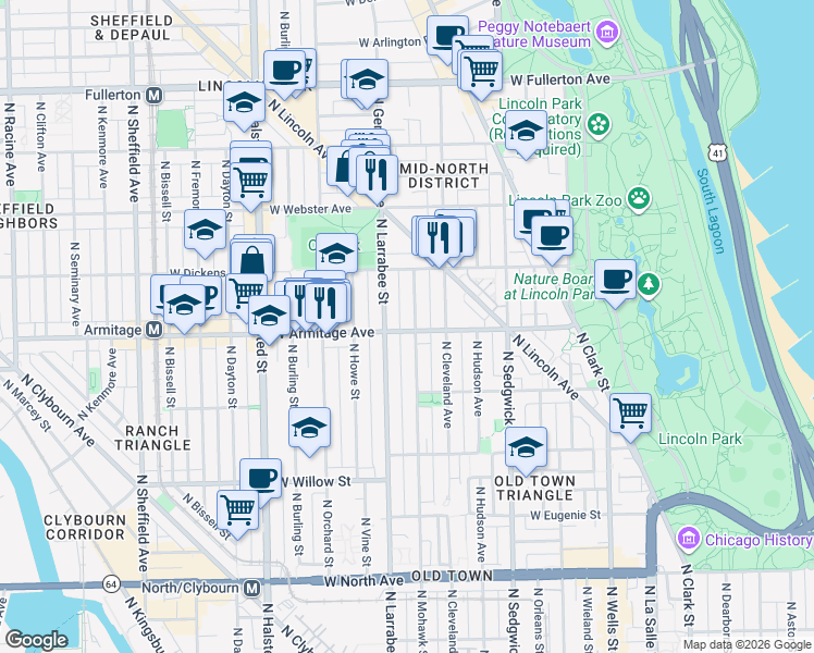 map of restaurants, bars, coffee shops, grocery stores, and more near 2037 North Larrabee Street in Chicago