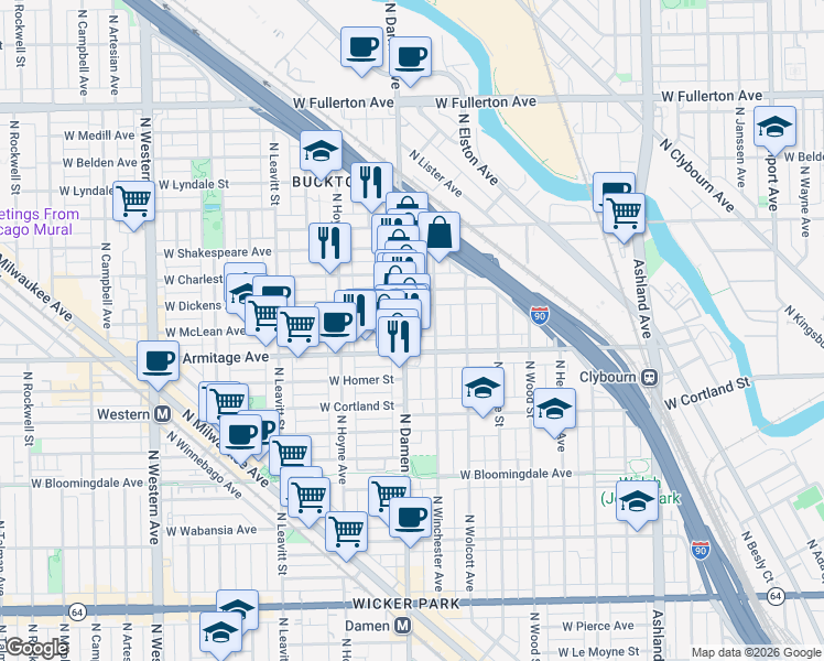 map of restaurants, bars, coffee shops, grocery stores, and more near 2042 North Damen Avenue in Chicago
