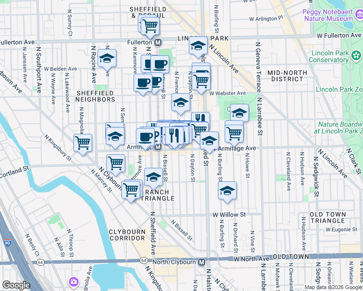 map of restaurants, bars, coffee shops, grocery stores, and more near 2024 North Fremont Street in Chicago