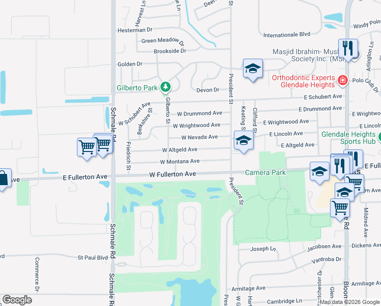 map of restaurants, bars, coffee shops, grocery stores, and more near 81 West Nevada Avenue in Glendale Heights