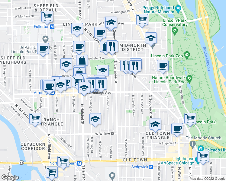 map of restaurants, bars, coffee shops, grocery stores, and more near 2037 North Larrabee Street in Chicago