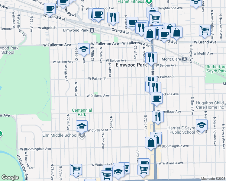 map of restaurants, bars, coffee shops, grocery stores, and more near 2128 North 74th Avenue in Elmwood Park