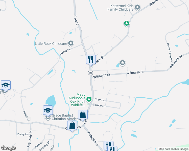 map of restaurants, bars, coffee shops, grocery stores, and more near 1302 Massachusetts 118 in Attleboro
