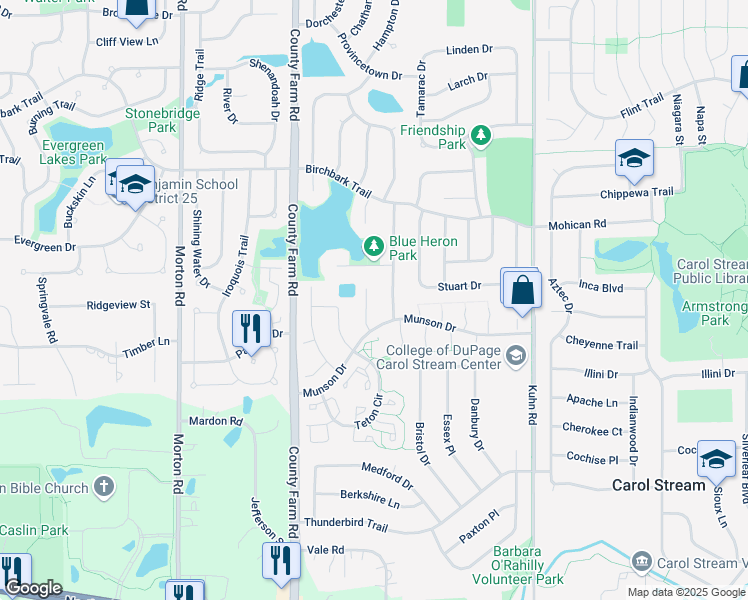 map of restaurants, bars, coffee shops, grocery stores, and more near 653 Tahoe Court in Carol Stream