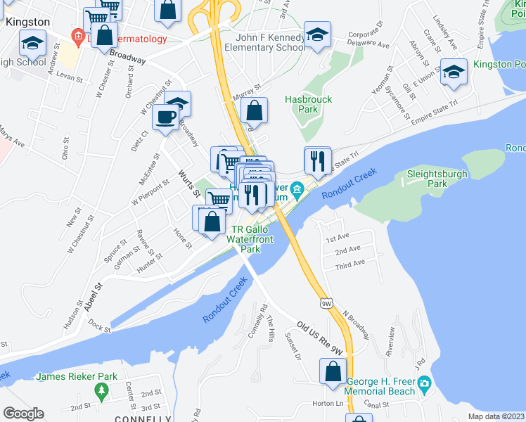 map of restaurants, bars, coffee shops, grocery stores, and more near Broadway & West Strand Street in Kingston